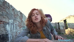 Public Agent Sexy redhead waitress sucks cock and gets fucked doggystyle outside in public Thumb