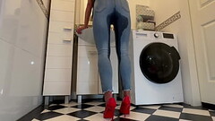 Wetting extremely Jeans and Red classic High Heels and play with Pee Thumb